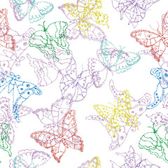 Fototapeta premium Seamless texture with colorful minimalistic butterflies. Illustration with dots, pointillism. Packaging and textile design