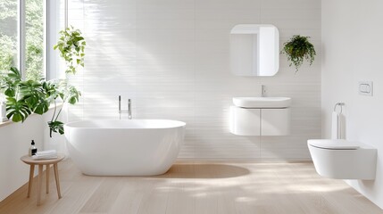 Minimalist modern bathroom with white fixtures and green plants