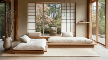 Fototapeta premium Minimalist japanese room with floor beds and natural light