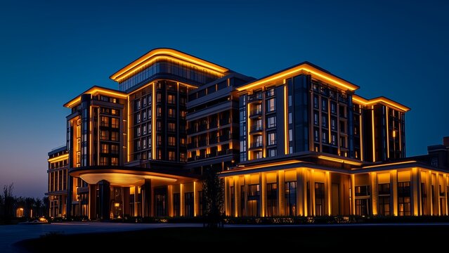 modern five-star hotel exterior with grand architectural design, warm lights glowing at night against a deep blue sky, award-winning composition
