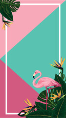 Vertical background with flamingos and a white border. Pink flamingo, royal strelitzia, tropical leaves, monstera. Vector illustration for design and web. © Elena_Mitrokhina