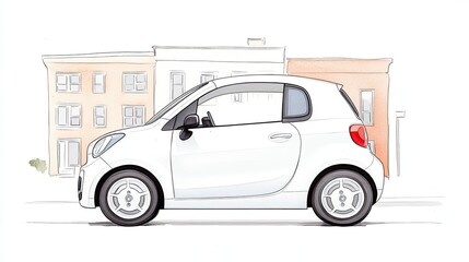 A small white car parked on a city street with colorful buildings in the background