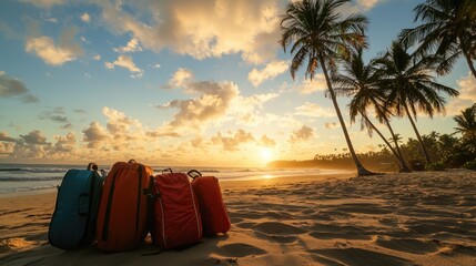 Colorful backpacks resting on sandy beach at sunset, with palm trees and ocean waves in background