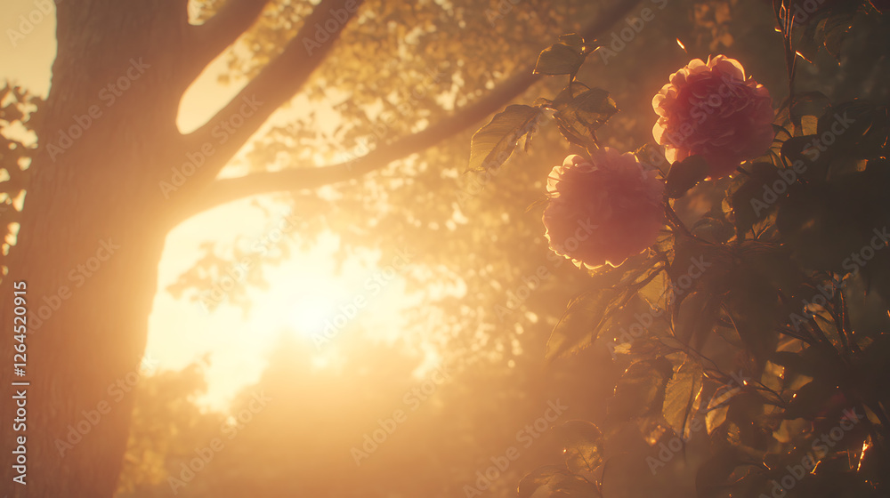 Wall mural Golden Hour Roses with Sunlight Filtering Through Tree Canopy in a Garden Setting Beauty