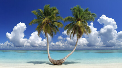 Two palm trees on tropical beach with clear blue water and clouds