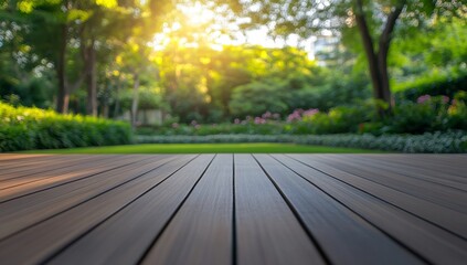 Fototapeta premium Wooden Floor Surrounded by Lush Greenery with Sunlight Filtering Through Trees