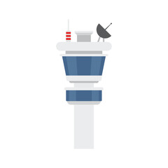 Flight control tower icon in flat style. Navigation monitor vector illustration on isolated background. Airport building sign business concept.