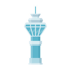 Obraz premium Flight control tower icon in flat style. Navigation monitor vector illustration on isolated background. Airport building sign business concept.
