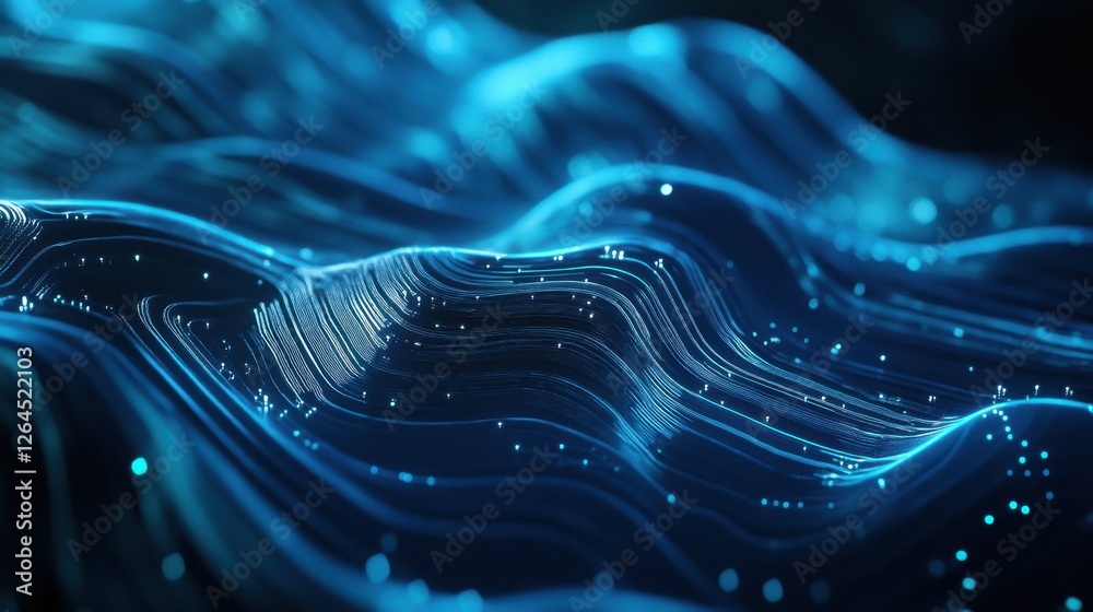 Poster abstract circuit board design in a blue color featuring intricate patterns and interconnected lines,