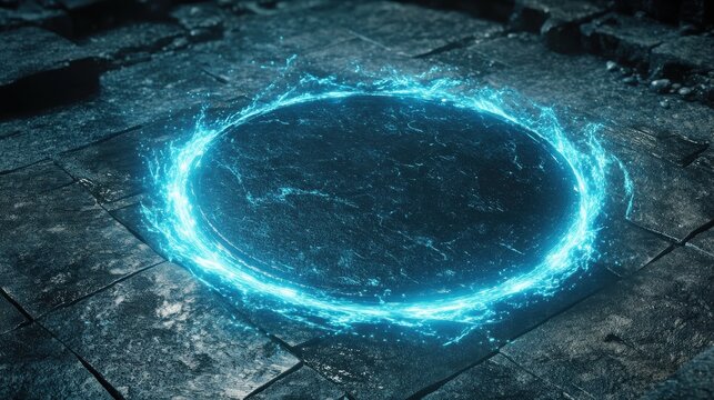 Energy spinning circle with blue glowing rays. Fantasy portal, magic twirled teleport on floor iod illustration. Effect energy ray teleport futuristic illustration