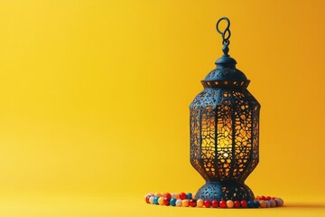 Naklejka premium Elegant Ramadan Lantern with Colorful Beads on Yellow Background