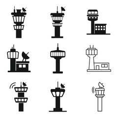 Flight control tower icon set in flat style. Navigation monitor vector illustration on isolated background. Airport building sign business concept.
