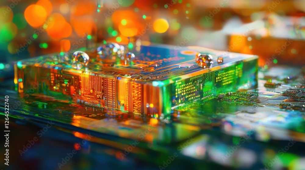 Poster vibrant 3d render of a circuit board with server code, featuring a dynamic abstract technology backg