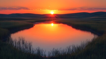 Obraz premium Serene Countryside Sunset with Reflecting Pond and Silhouetted Hills