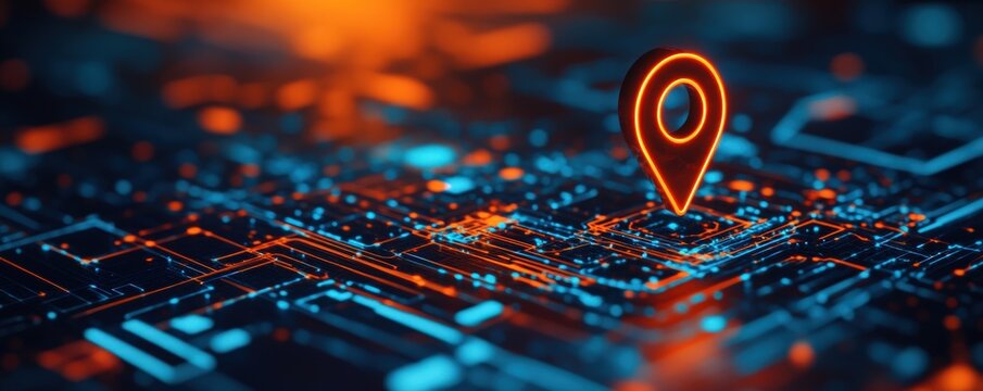 Digital Location Tracking:  A futuristic concept of geolocation technology on a circuit board.