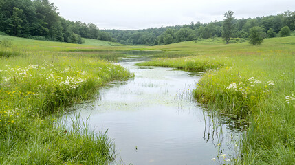 Obraz premium Serene stream flows through lush green meadow, forest backdrop, nature scene, ideal for travel brochures