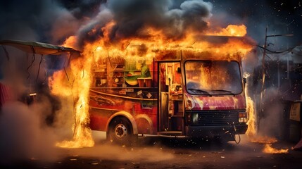 A dramatic scene unfolds as a raging fire erupts from the windows of a food truck sending thick plumes of smoke billowing into the urban skyline