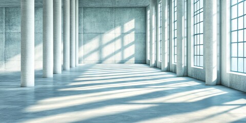 White Columns in Minimalist Room with Sunlight and Long Shadows