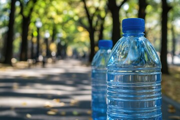 Refreshing Hydration: Two Water Bottles in a Sunny Park
