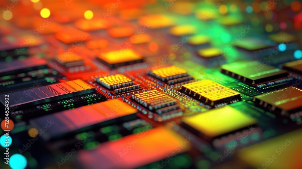 Poster vibrant 3d render of a circuit board with server code, featuring a dynamic abstract technology backg