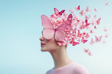 Female portrait with pink butterflies emerging from head on blue background, surreal concept of imagination and dreams