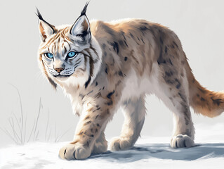 Obraz premium A Snowy Lynx with Piercing Blue Eyes, Standing Alert on a Frosty Light Gray Background, Capturing the Majesty of this Wild Arctic Cat.