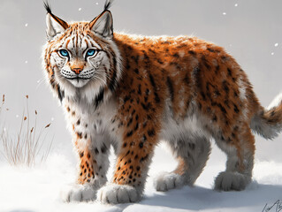 Obraz premium A Snowy Lynx with Piercing Blue Eyes, Standing Alert on a Frosty Light Gray Background, Capturing the Majesty of this Wild Arctic Cat.