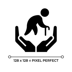 Elder care pixel perfect black glyph icon. Assistance, support. Financial management, economics. Pension, retirement. Silhouette symbol on white space. Solid pictogram. Vector isolated illustration