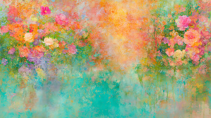 Impressionistic Floral Garden with Colorful Blossoms in Soft Focus Style Texture and Warm Hues