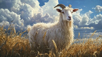 Obraz premium Angora Goat. Domesticated farm animal grazing in nature under the sky