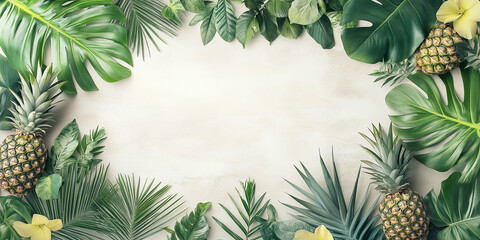 Fototapeta premium Draufsicht auf einen Rahmen mit Ananas und mit Platz für Text in der Mitte - Werbeschild - Flyer