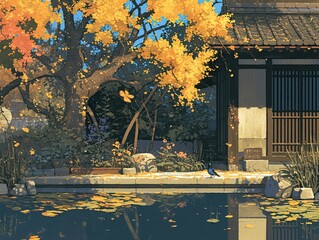 Autumn leaves fall into pond near house; trees, yard, and garden in scene