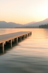 Obraz premium Calm waters reflect soft hues at sunset, creating serene lakesid
