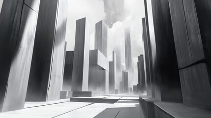A monochromatic cityscape with sharp straight lines defining the concrete jungle.