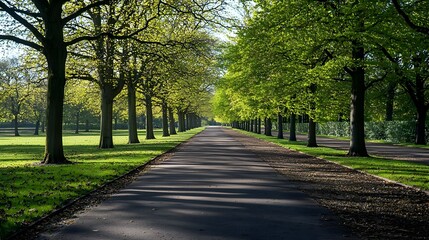 Obraz premium Tree Lined Path Through Green Park In Sunlight