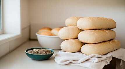 Freshly baked rolls stacked elegantly on countertop, accompanied