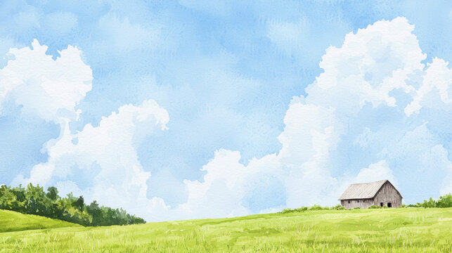 serene watercolor illustration of barn on green field under blue sky with fluffy clouds, evoking peaceful rural atmosphere