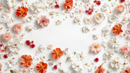 An artistic flat lay of various colorful flowers arranged beautifully against a clean white background.