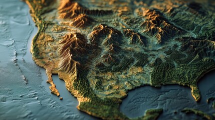 Topographic map showcasing diverse North American terrain.