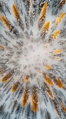 A stunning aerial view of a winter forest. Snow-covered trees create a mesmerizing pattern. The golden accents add warmth to the chilly landscape. Generative AI