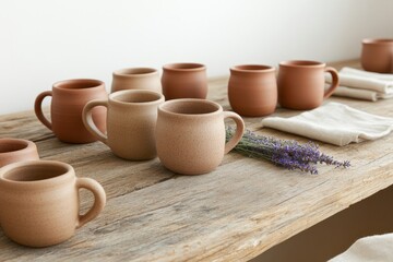 Warm-toned ceramic mugs arranged on wooden table, complemented b