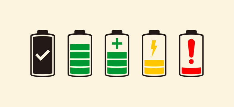  Battery symbols with fast charging, exclamation, low, plus, minus, tick and full charge signs. symbol charge battery icons art vector illustration. Battery Full charge indicator, low charge sign.