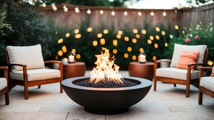 An inviting outdoor space featuring plush seating arranged around a glowing fire pit, perfect for cozy gatherings and creating warm memories under the stars.