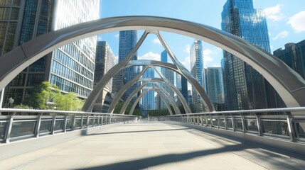 Fototapeta premium Futuristic Arcitecture: Giant Urban Bridge with Triangular Windows Illuminated by Sunlight