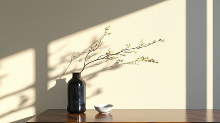 Obraz premium A minimalist arrangement featuring a black vase with a branch and a small white dish on a table.