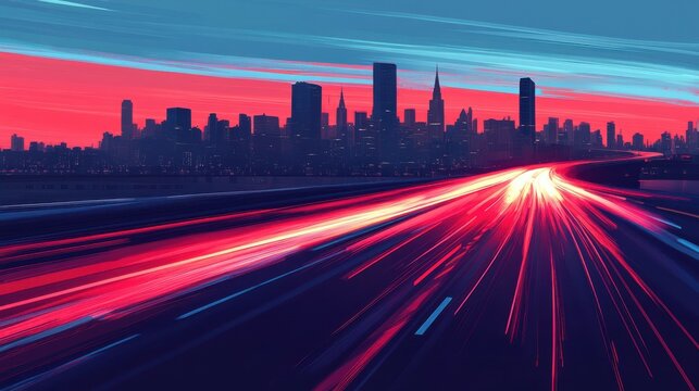 Sleek highway with city skyline in the background illuminated in the style of dynamic light trails and motion blur Generative AI
