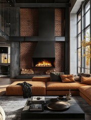 Fototapeta premium Luxurious modern living room featuring a fireplace and large window