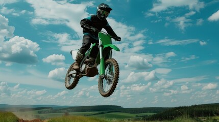 Naklejka premium High-flying motocross action outdoor landscape dynamic sports photography vibrant sky aerial view adventure concept