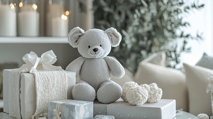 A charming display of new baby celebration gifts, including a soft toy, personalized blanket, and baby accessories, creates a joyful and warm atmosphere for new parents.