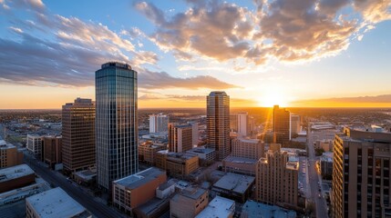 Obraz premium Sunset over urban skyline cityscape aerial view modern architecture evening atmosphere